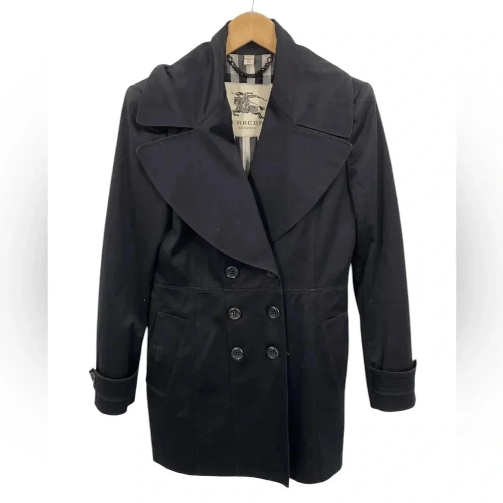 Burberry London Authenticated Black Cotton Blend Womens Pea Coat Size 8